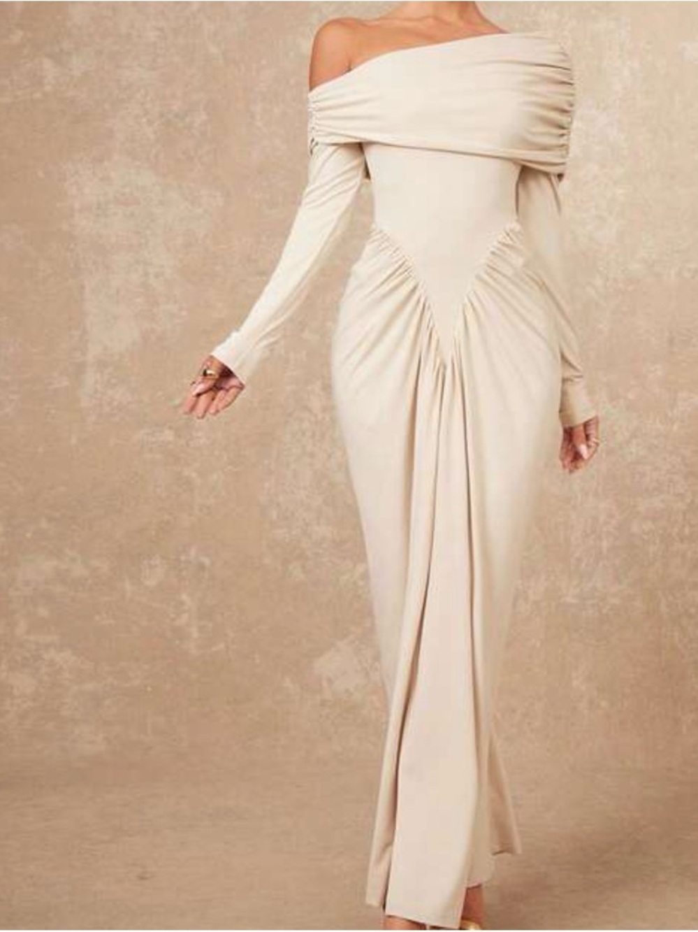 Off-Shoulder Long Sleeve Cream Evening Dress
